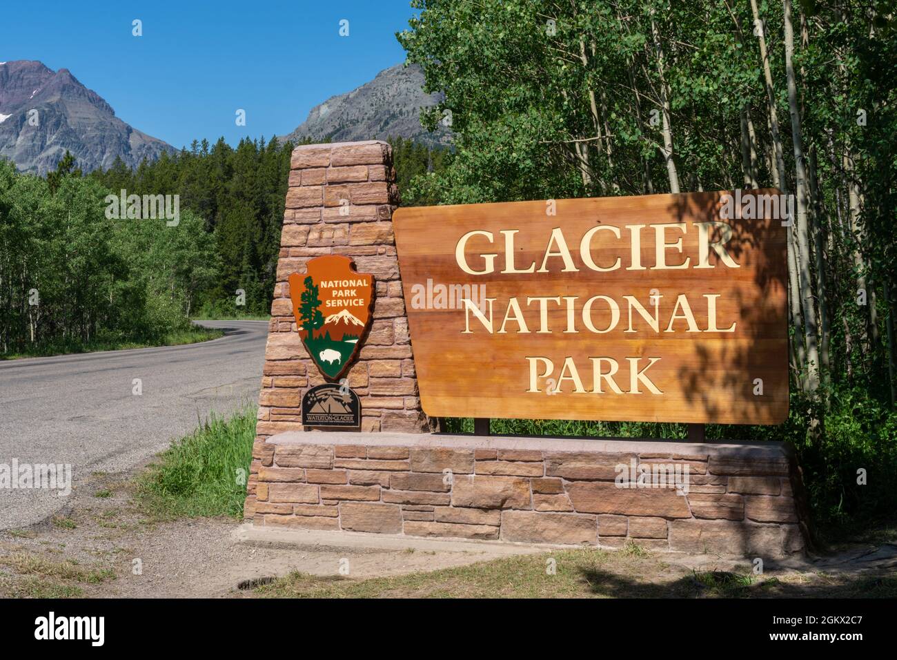 Montana, USA July 1, 2021 sign for Glacier National Park, at