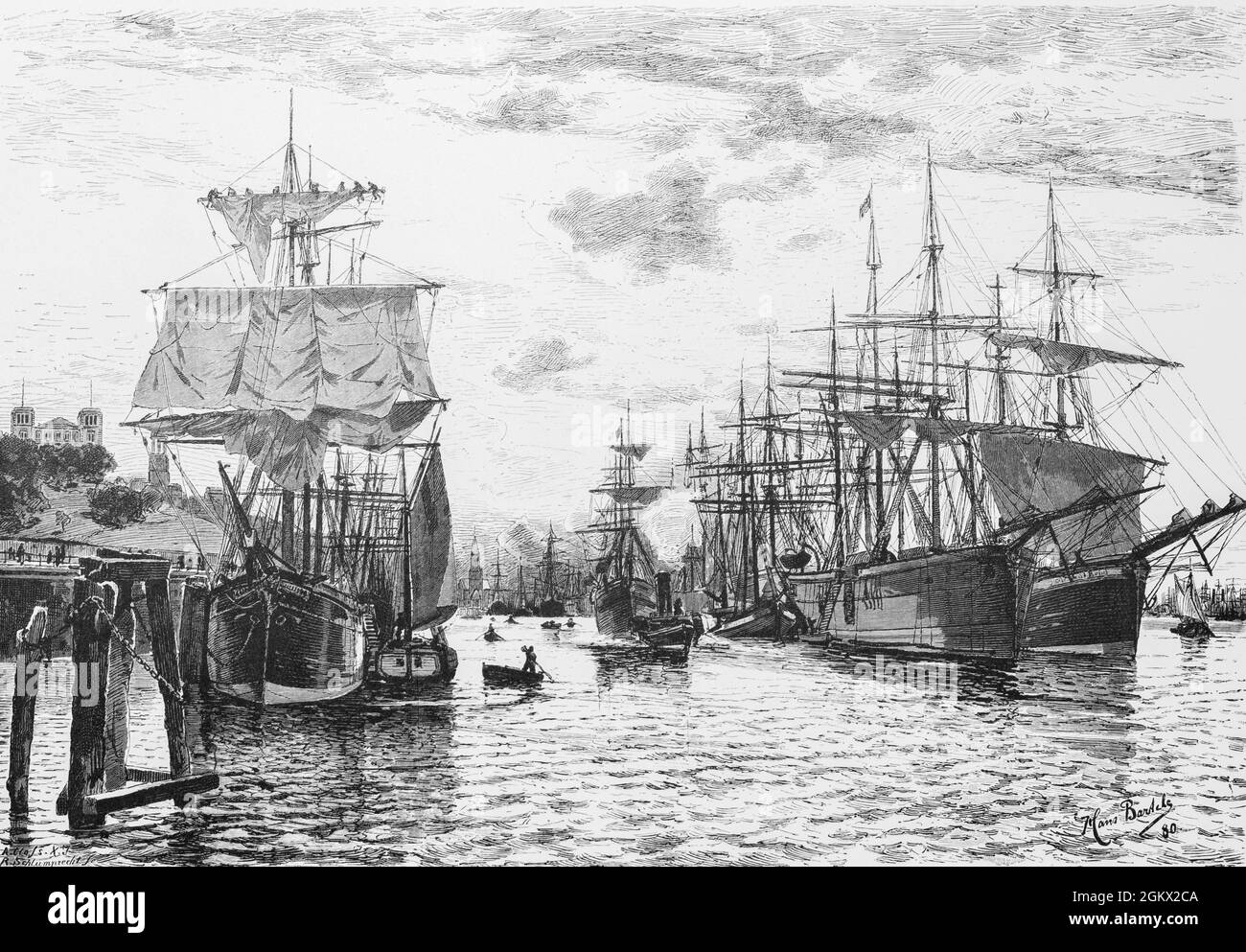 Busy Hamburg port with different quays full of sailing botas, waiting to be loaded or unloaded, Hamburg, North Germany, historical illustration 1880, Stock Photo