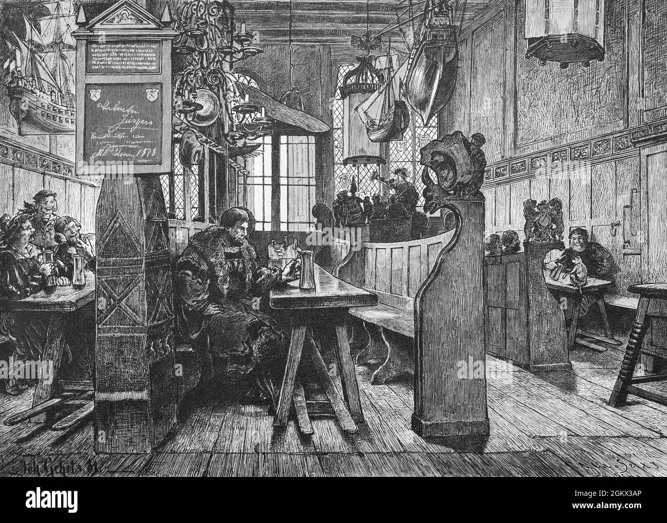 People inside the Schifferhaus or Schiffergesellschaft in the Hanseatic city of Lübeck on the Baltic, Schleswig-Holstein, North Germany, illustration Stock Photo