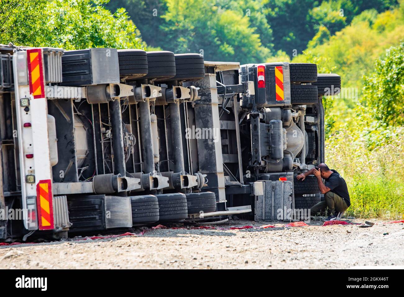 Large cargo truck turned over on road traffic accident at day Stock ...