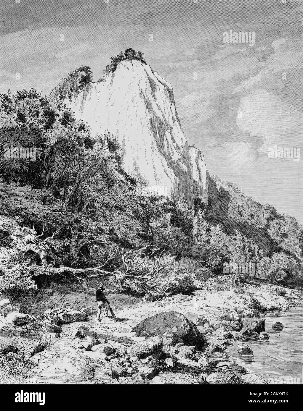 The famous chalk cliff Königsstuhl or King´s Chair on the island of Rügen, Mecklenburg-West Pomerania, East Germany, historical illustration 1880, Stock Photo