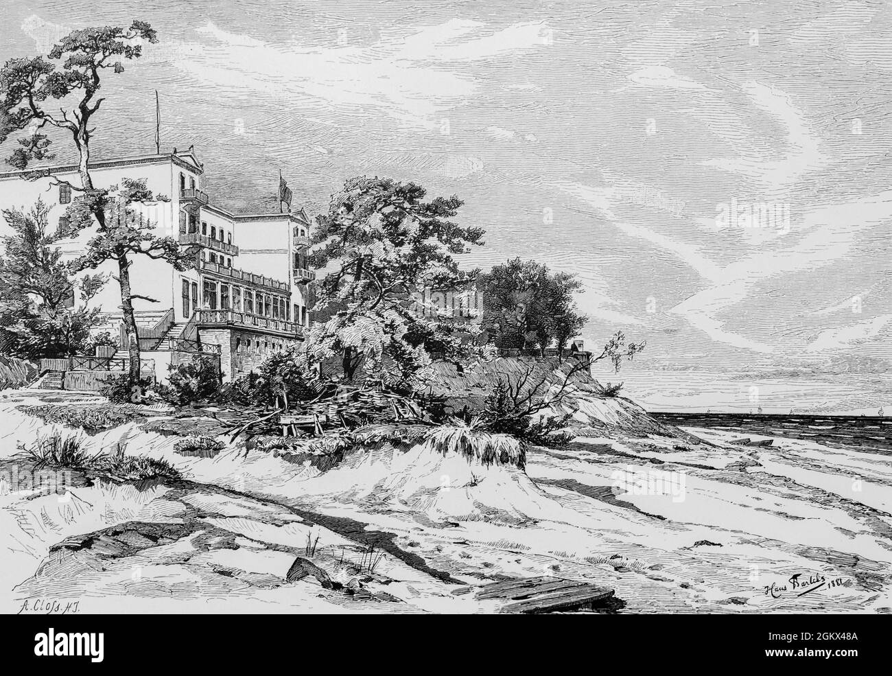 Villa or probably a hotel in Häringsdorf or Herimgsdorf on the Baltic Sea, Mecklenburg-West Pomerania, East Germany, historical illustration 1880, Stock Photo