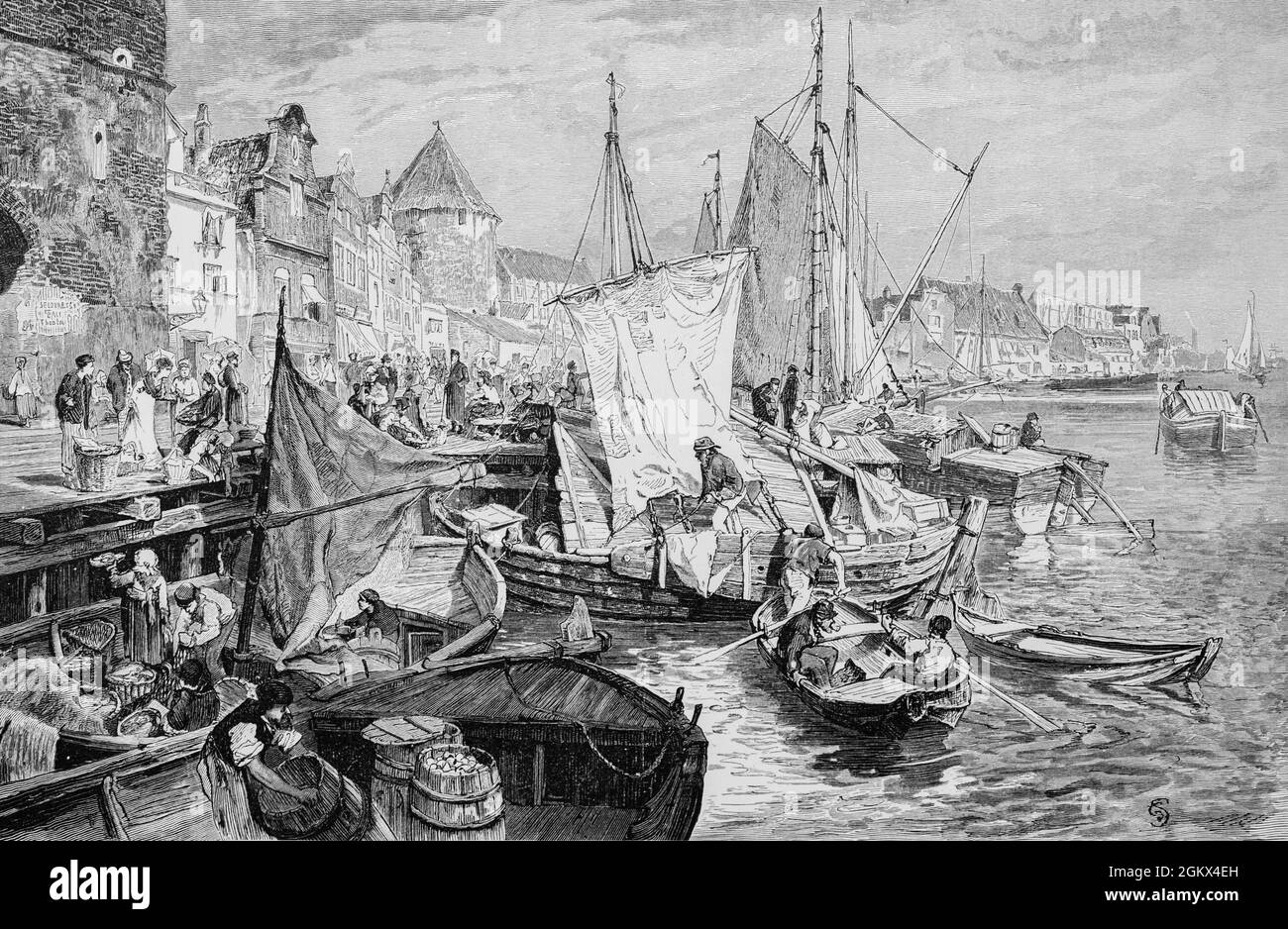 Scene of the busy harbour being loaded or unloaded, Gedansk former ...