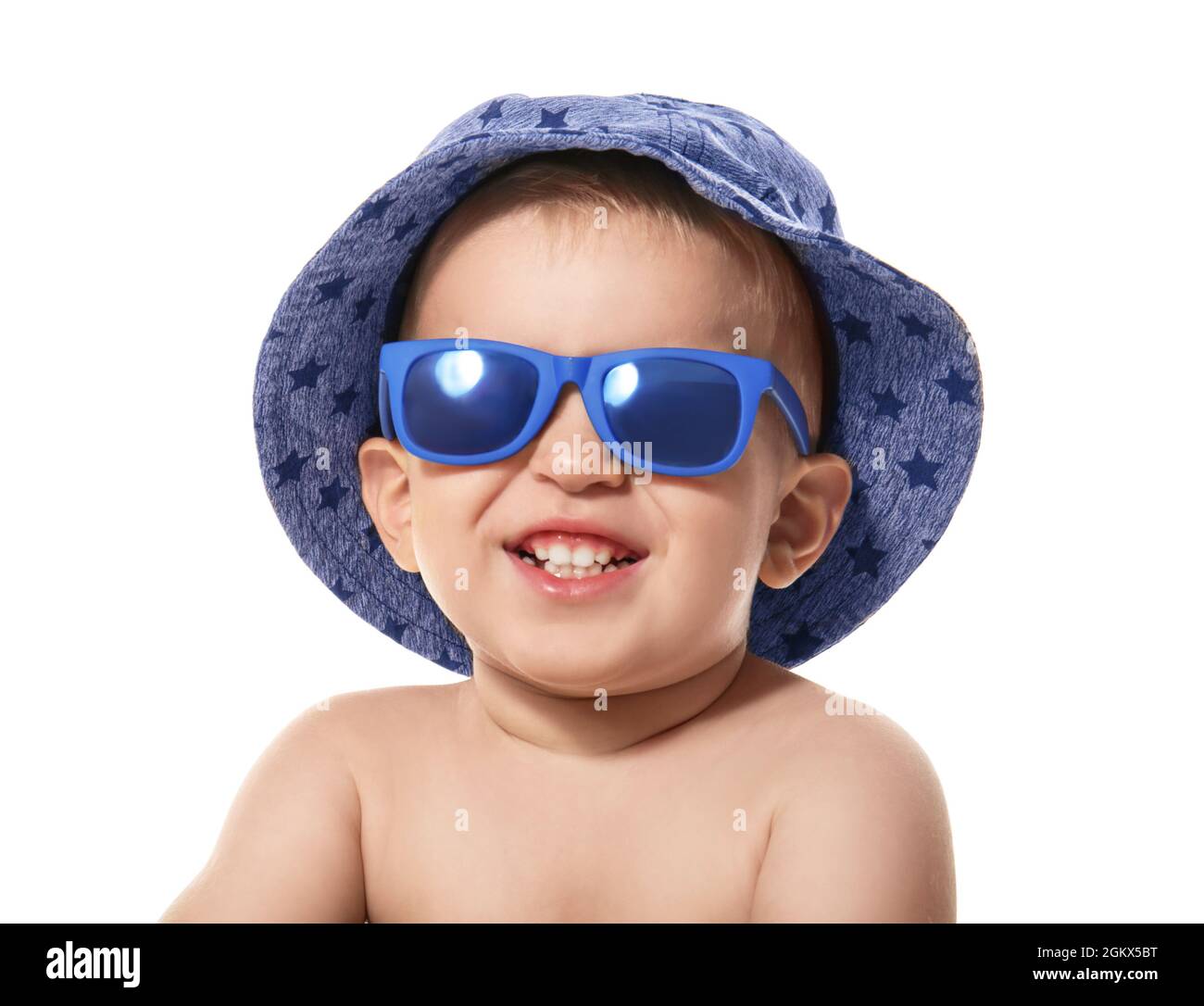 Cute little baby wearing sunglasses and hat, isolated on white Stock