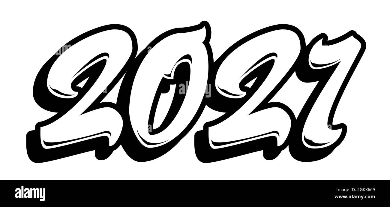 2021 in graffiti brush lettering style. Vector calendar banner isolated on white. New year design element. Stock Vector