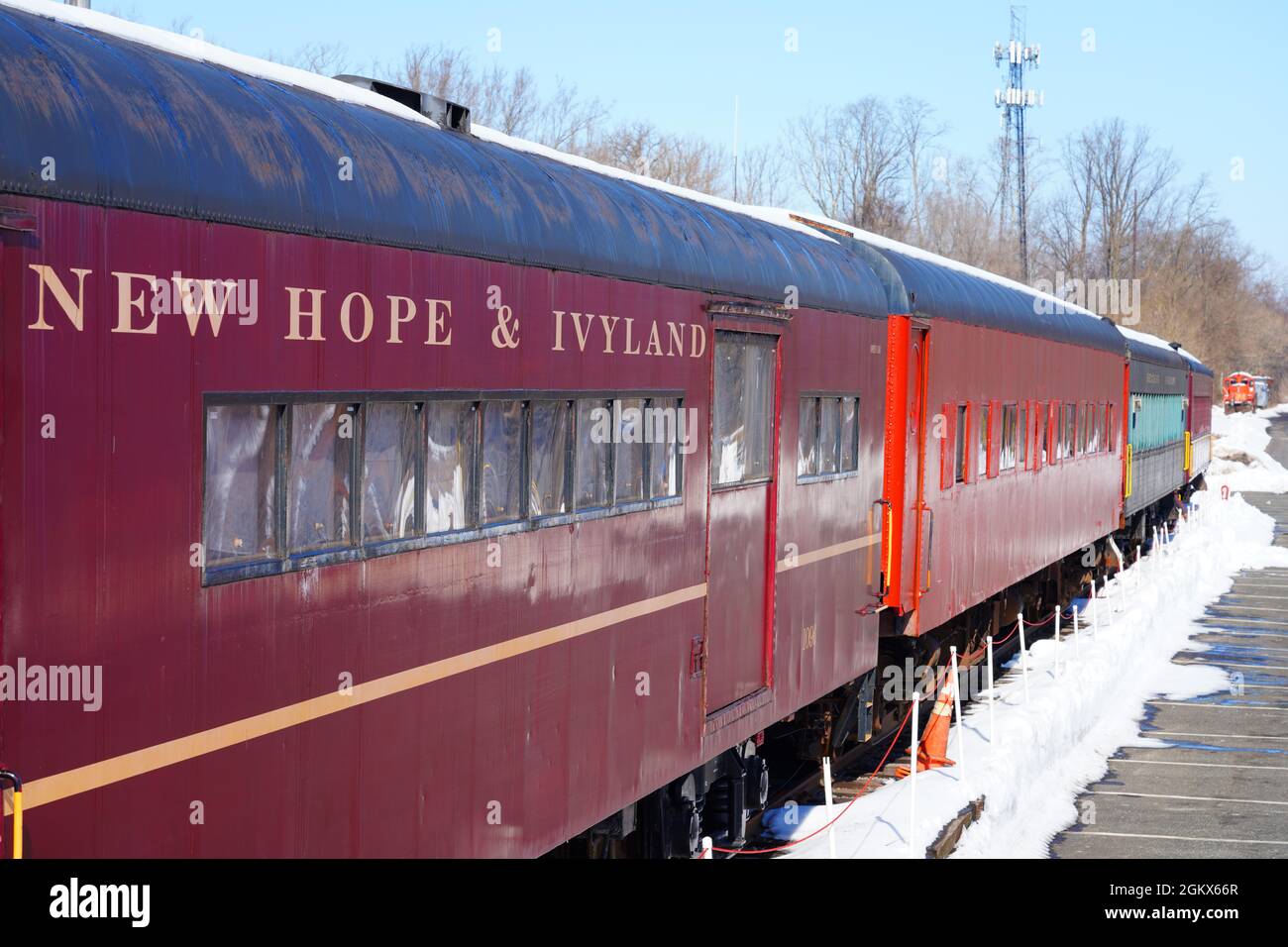 NEW HOPE, PA -21 FEB 2021- Winter view of the New Hope and Ivyland rail road, a heritage train line for visitors going on touristic excursions in Buck Stock Photo