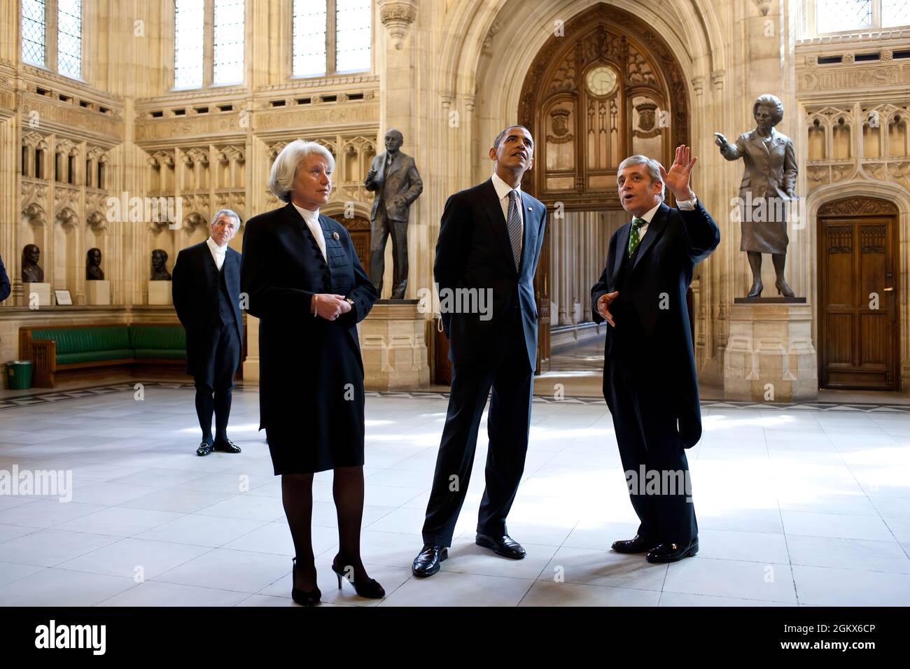 President Barack Obama tours the House of Commons Members' Lobby at Parliament in London, England, with Rt Hon John Bercow, Speaker of the House of Commons, and Rt Hon Baroness Hayman, Speaker of the House of Lords, May 25, 2011. (Official White House Photo by Pete Souza) This official White House photograph is being made available only for publication by news organizations and/or for personal use printing by the subject(s) of the photograph. The photograph may not be manipulated in any way and may not be used in commercial or political materials, advertisements, emails, products, promotions t Stock Photo
