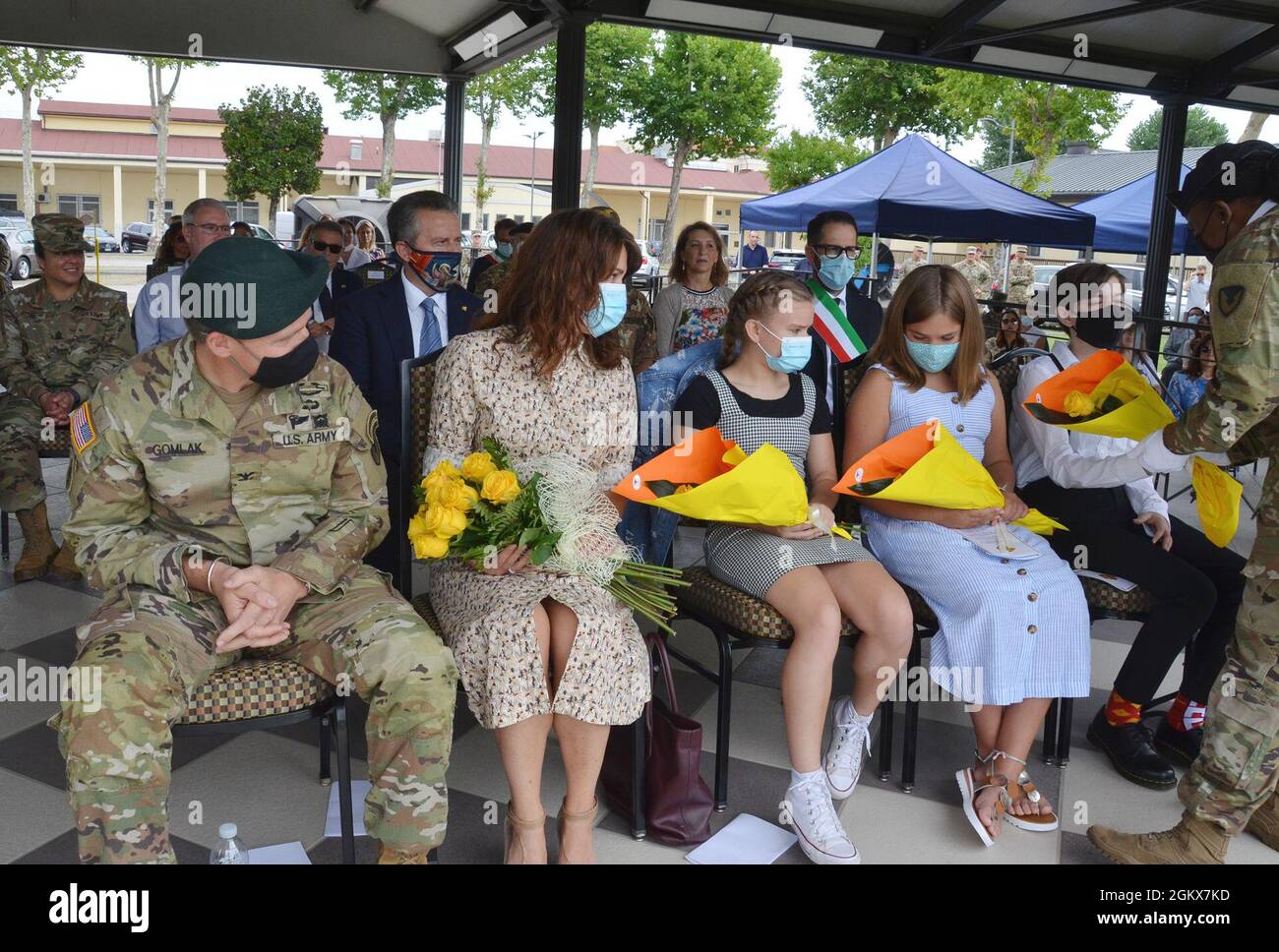 VICENZA, Italy (July 16, 2021) - Col. Daniel J. Vogel relinquished command July 16, 2021, to incoming commander Col. Matthew J. Gomlak during the United States Army Garrison Italy Change of Command Ceremony on Caserma Ederle’s Hoekstra Field.  Col. Gomlak arrived recently from the U.S. Army John F. Kennedy Special Warfare Center and School at Fort Bragg, North Carolina, where he served as the Chief of Staff, while Col. Vogel now heads to the Warfighting and Leadership Department at the Air War College in Alabama. Stock Photo