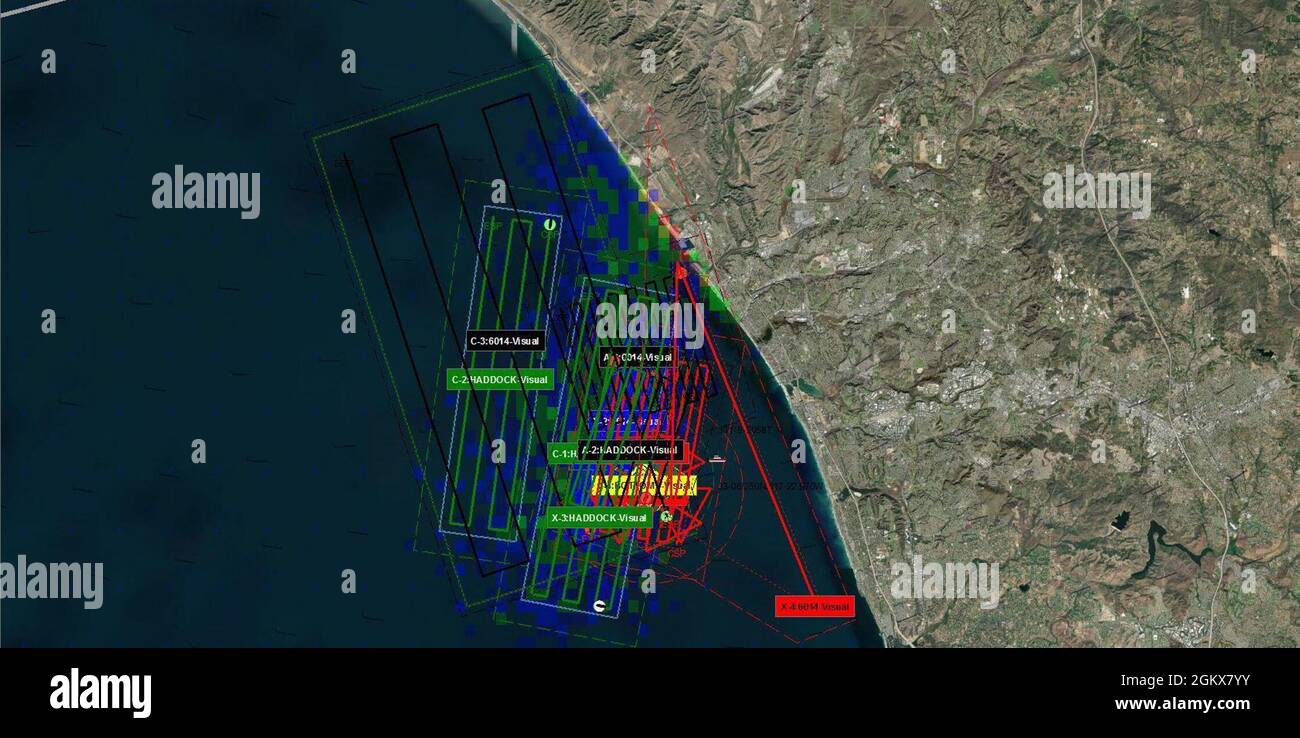 Image of Coast Guard search patterns for a missing boat fire victim off the coast of San Diego. Crews searched for over 21 hours covering more than 600 square miles. Stock Photo