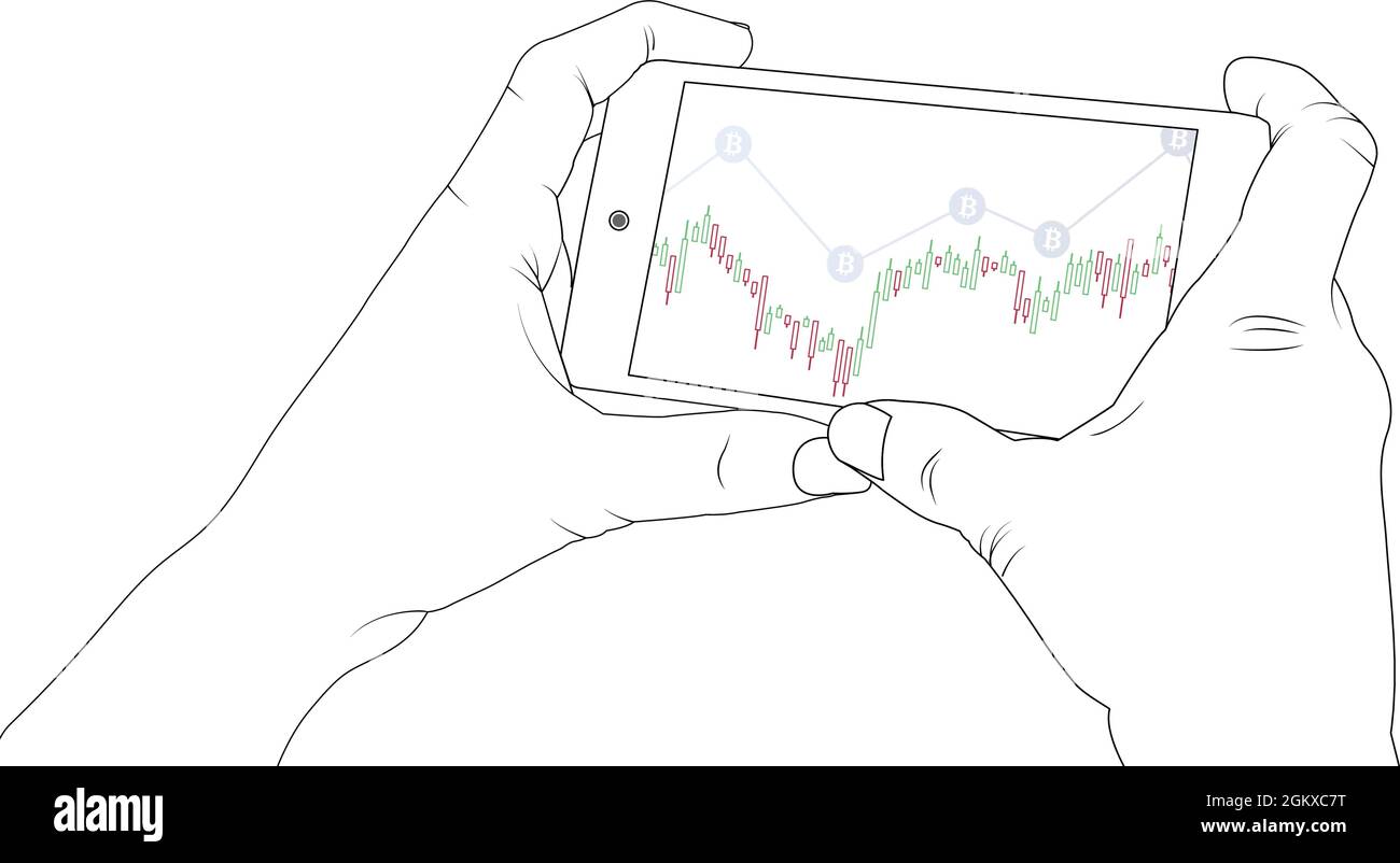 Economy on phone screen, Smartphone, bitcoin, financial graphic, chart, using a phone, economy vector stock illustration. Stock Vector