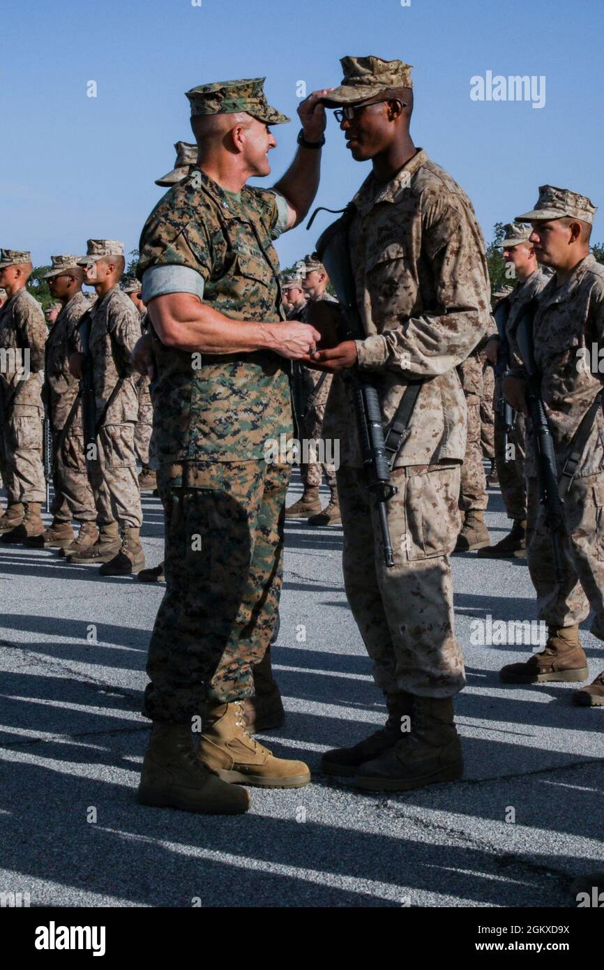 Col. Bradley Ward, Recruit Training Regiment Commanding Officer, Gives A  Few Words Of Encouragement To A New Marine During An Eagle, Globe And  Anchor Ceremony Aboard Mcrd Parris Island, S.c. July 17,