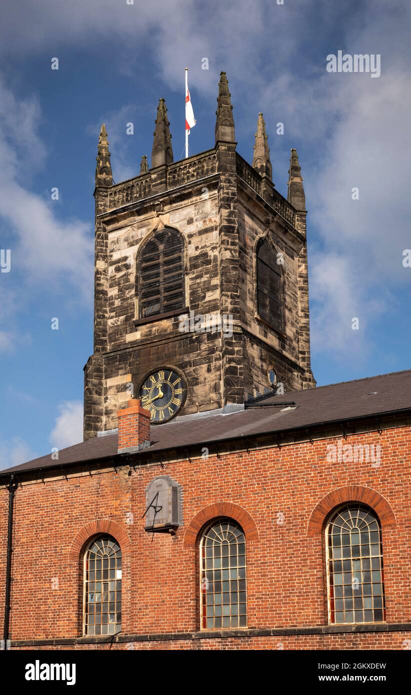UK, England, Cheshire, Congleton, St Peter’s Parish Church, exterior, Georgian  arched windows, sundial and clock tower Stock Photo