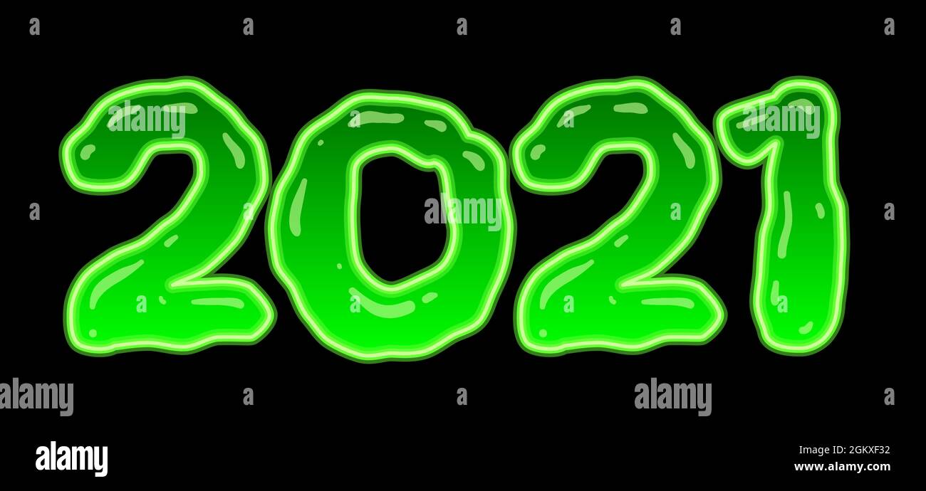 2021 in green glowing toxic slime style. Vector banner isolated on black. Halloween calendar design element. Stock Vector