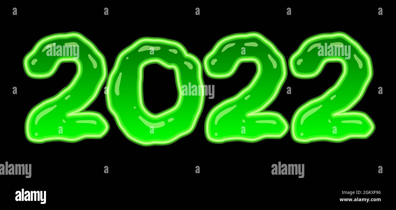 2022 in green glowing toxic slime style. Vector banner isolated on black. Halloween calendar design element. Stock Vector