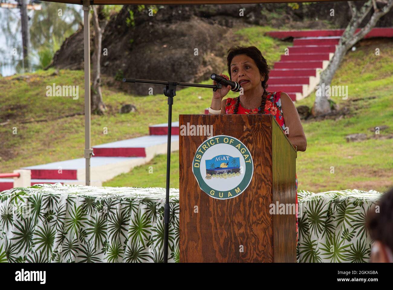 AGAT, Guam (July 19, 2021) - Governor of Guam Lourdes Leon Guerrero offers remarks during the Hågat Memorial Ceremony in Agat July 19. The ceremony honored the men and women of Agat who suffered and died during World War II, and the military service members who liberated the island. Stock Photo