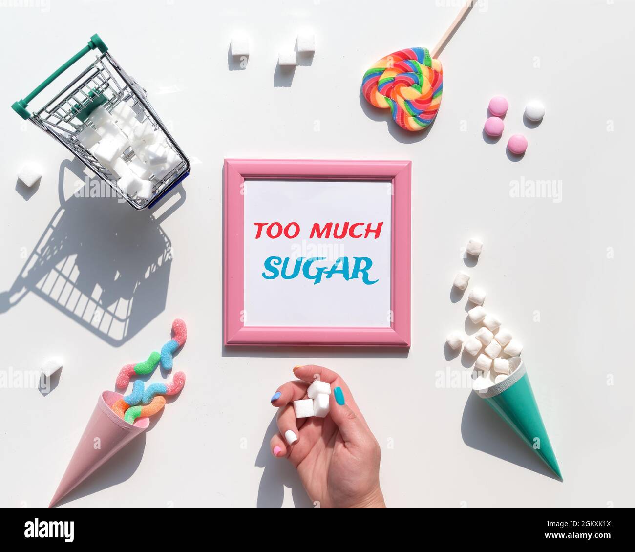 Text Too Much Sugar. Excess of sweets, chocolate, candy, unhealthy food