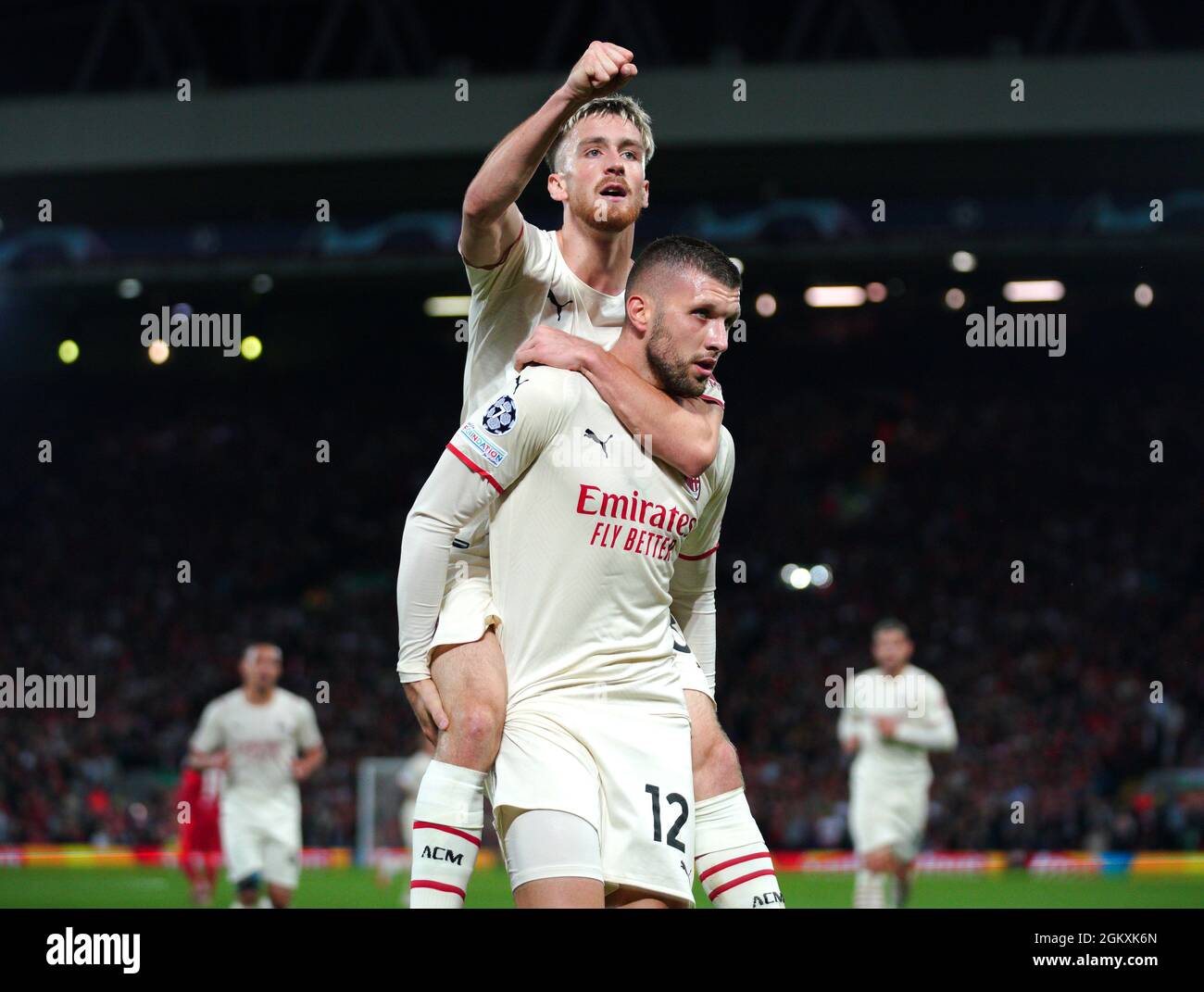 Ac Milan S Ante Rebic Right Celebrates Scoring Their Side S First Goal Of The Game During The Uefa Champions League Group B Match At Anfield Liverpool Picture Date Wednesday September 15 21 Stock Ac Milan S Ante Rebic Right Celebrates Scoring Their Side S First Goal Of The Game During The Uefa Champions League Group B Match At Anfield Liverpool Picture Date Wednesday September 15 21 Stock