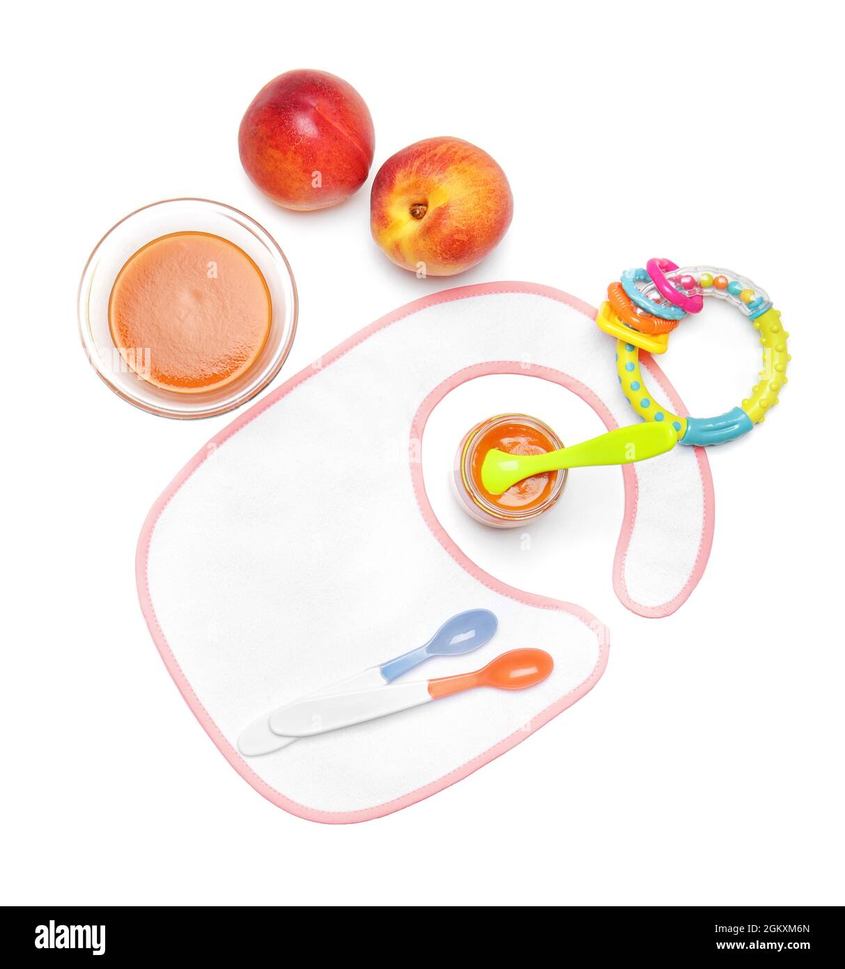 Composition with tasty baby food in jar on white background Stock Photo