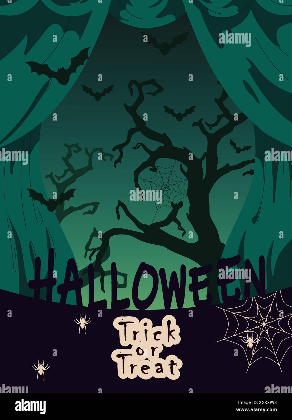Halloween parties or greeting cards. Full moon and dark night with bats ...