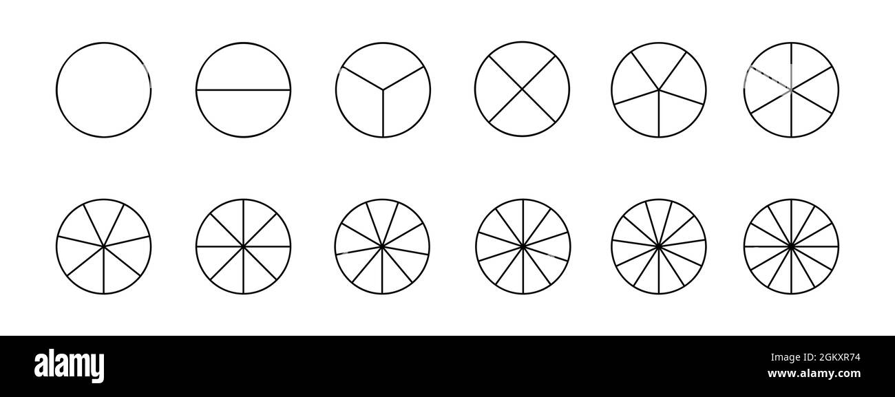 Circles divided in segments from 1 to 12 isolated on white background. Pie or pizza round shapes cut in equal slices in outline style. Simple business chart examples. Vector linear illustration. Stock Vector