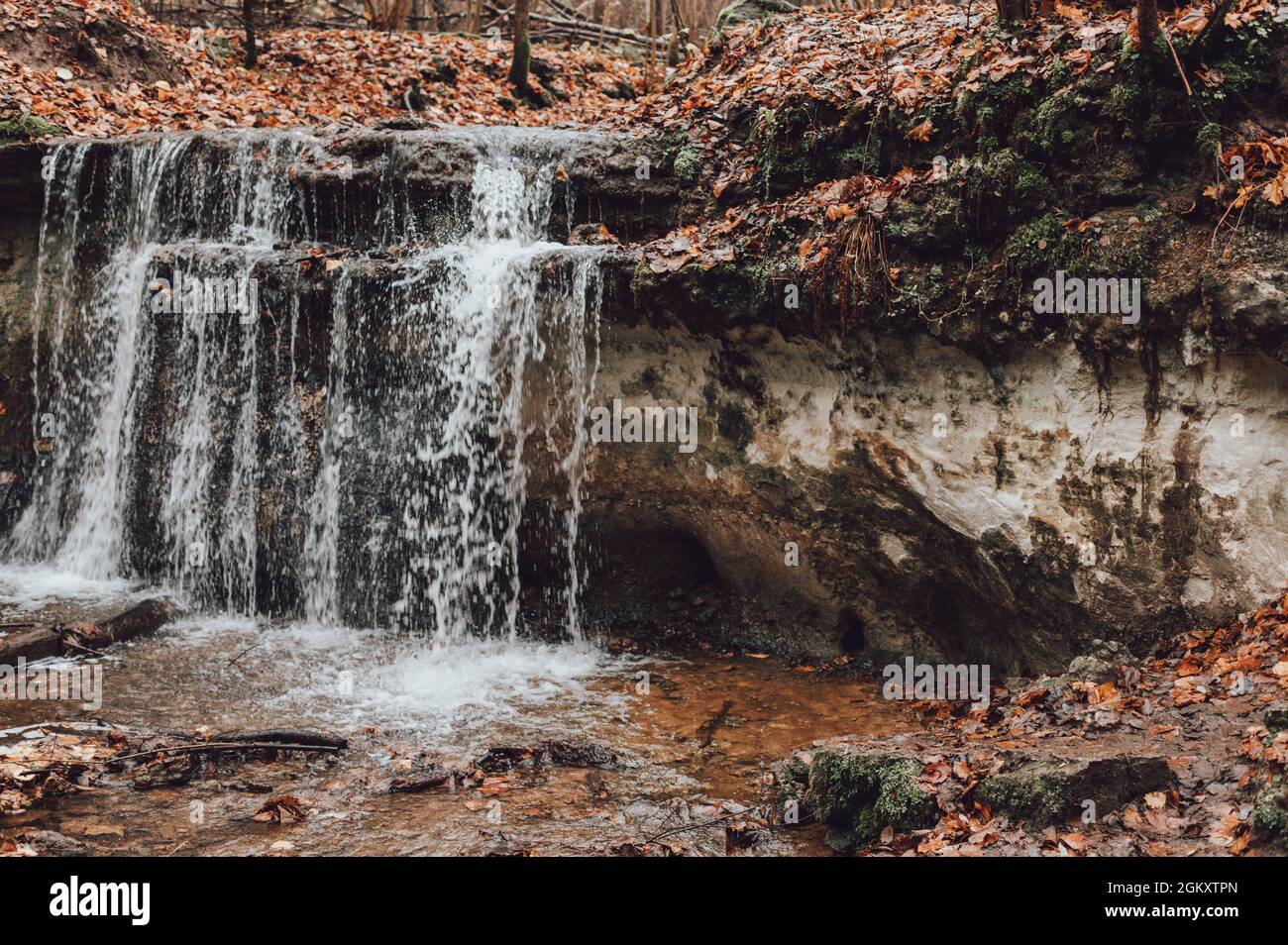 waterfall in the forest among fallen and orange leaves Stock Photo