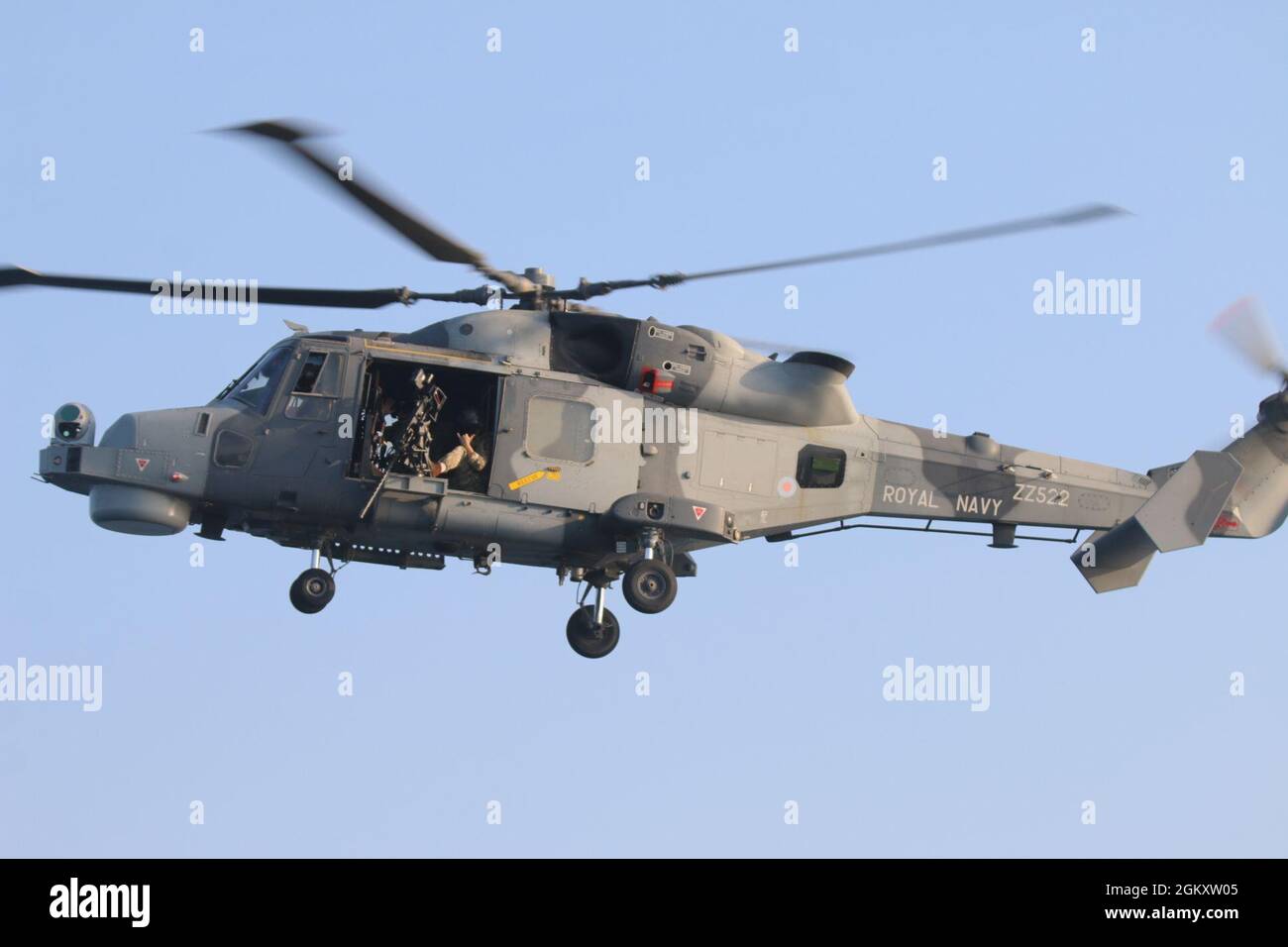 210721-N-N0146-1003 ARABIAN GULF (July 21, 2021) – A Royal Navy AW159 Wildcat helicopter conducts flight operations during a multilateral air operations in support of maritime surface warfare (AOMSW) exercise in the Arabian Gulf, July 21. Stock Photo