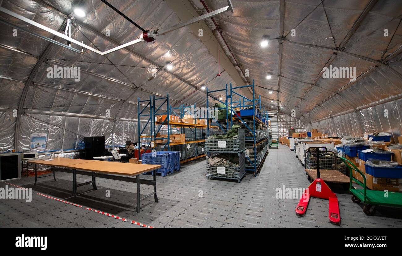 Chemical, Biological, Radiological and Nuclear protective gear is stored in a facility at Tyndall Air Force Base, Florida, July 21, 2021. CBRN gear is issued to specific members for TDY, deployments and training. Stock Photo