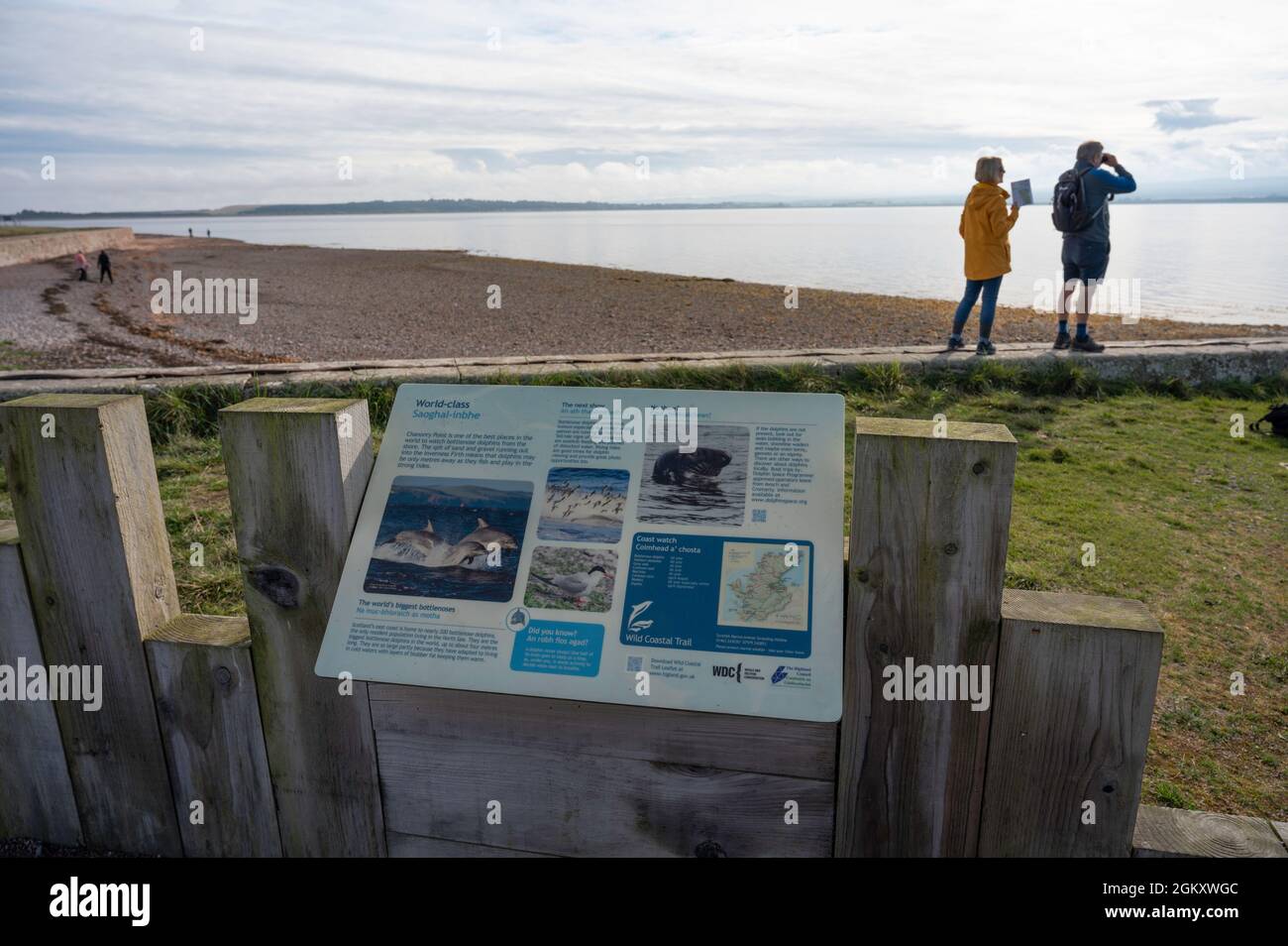 Information sign for dolphins and seals at a point famous for wildlife in Scotland. Blurred background of couple looking out to sea, beach and sea. Stock Photo