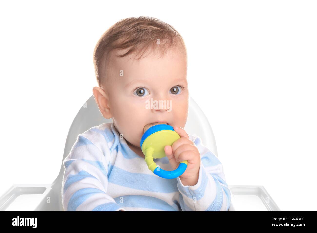 Cute little baby with nibbler on white background Stock Photo Alamy