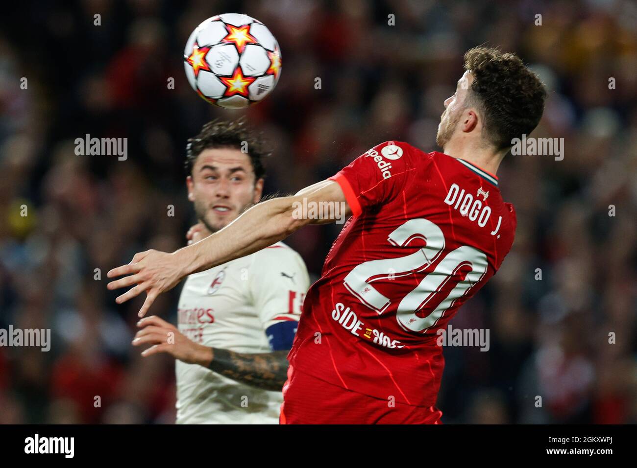 Liverpool, UK. 15th Sep, 2021. Diogo Jota (Liverpool FC) controls the ball  in mid air during Group B - Liverpool FC vs AC Milan, UEFA Champions League  football match in Liverpool, England,