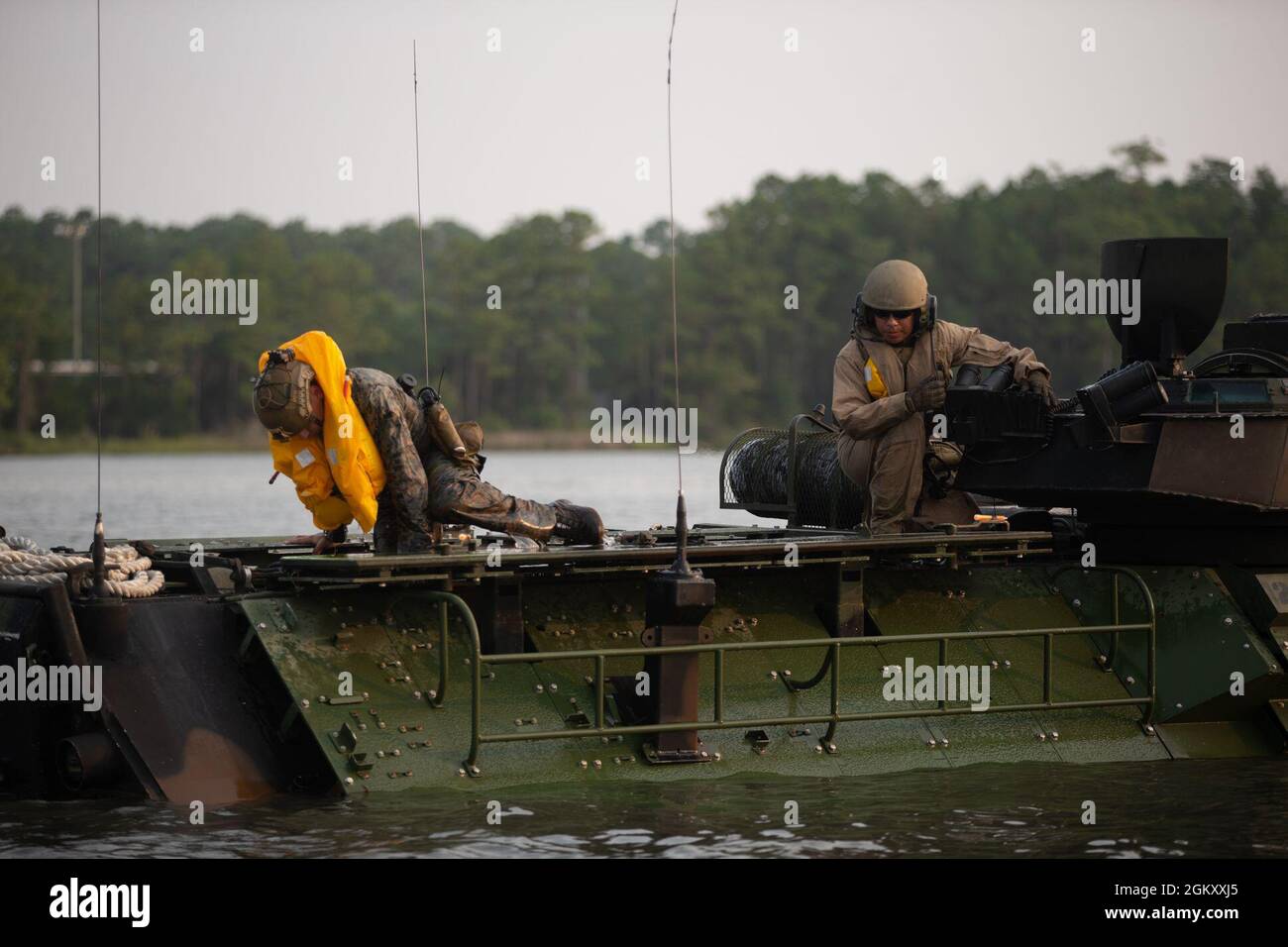 U.S. Marines with 1st Battalion, 2d Marine Regiment, (1/2) 2d Marine Division (MARDIV), and 2d Assault Amphibious Battalion (AABn.), 2d MARDIV participate in a mechanized amphibious egress exercise on Camp Lejeune, N.C., July 22, 2021. The exercise improves how 1/2 integrates with 2d Assault Amphibious Battalion and prepares the unit for future conflict by strengthening its naval expeditionary capabilities. Stock Photo