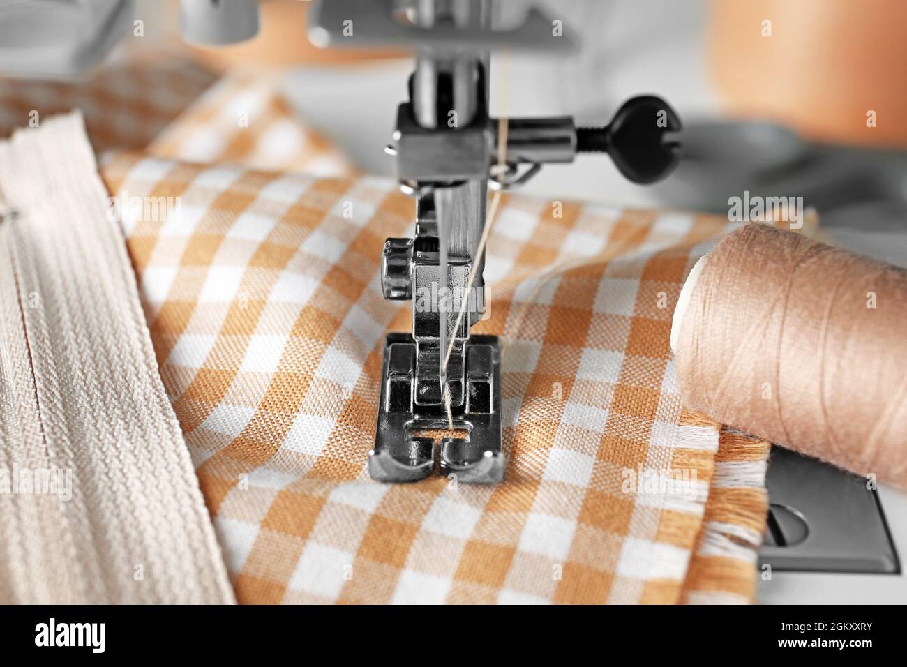 Sewing machine on table, closeup Stock Photo Alamy