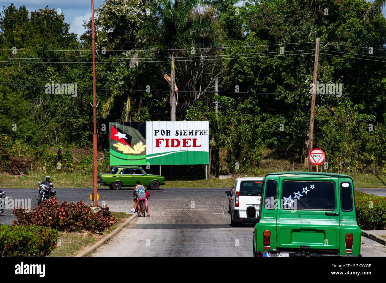 Cars on roadside outside of Havana, Cube celebrating the life of Cuban leader Fidel Castro. Stock Photo