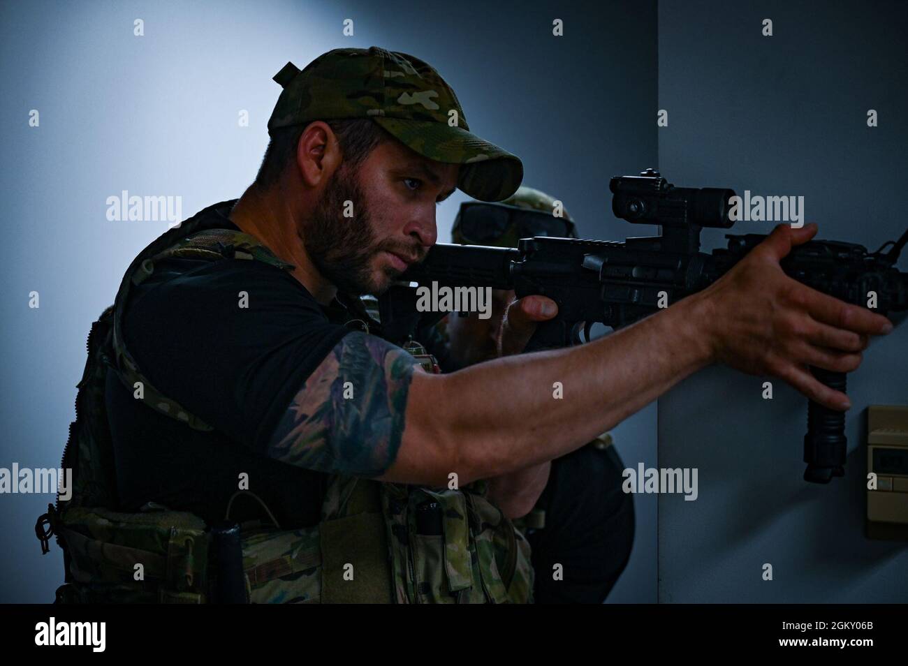 U.S. Air Force Staff Sgt. Troy Gonzalez Mazzone, a defender on the 165th  Special Response Team from the 165th Security Forces Squadron, Georgia  National Guard, participates in room-clearing training exercises July 22,