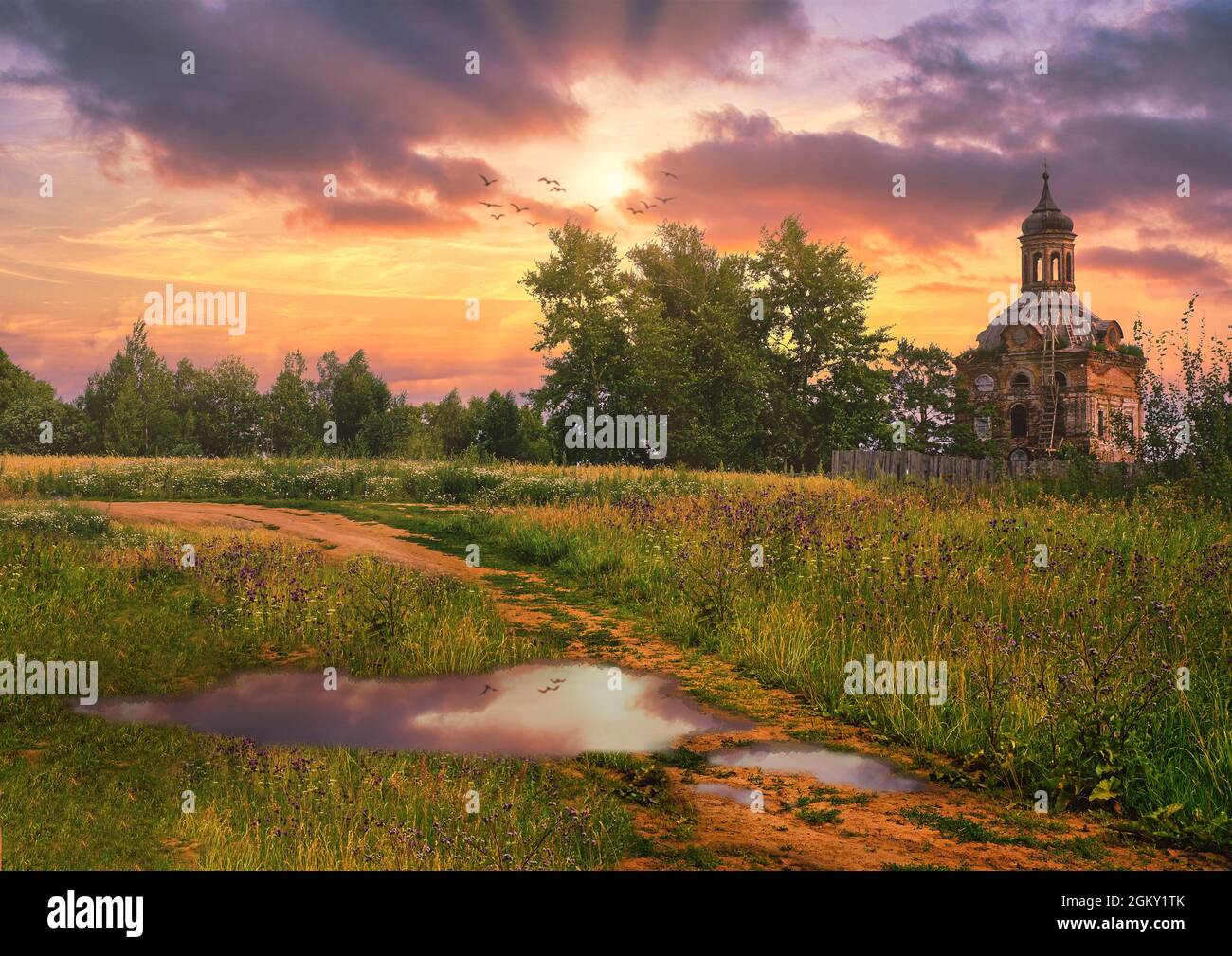 beautiful village landscape summer old church road to the temple Russia ...