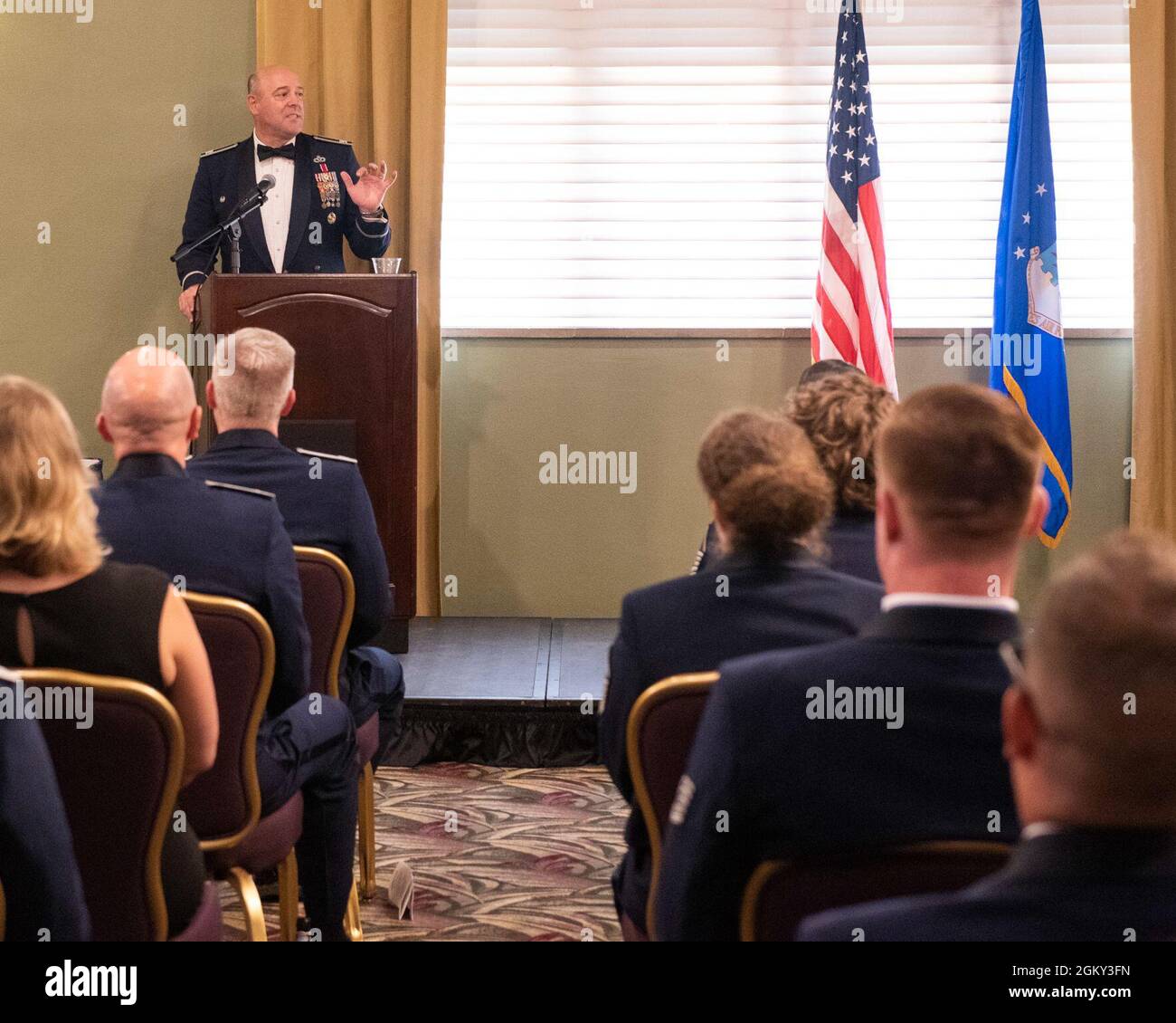 U.S. Air Force Col. Patrick Miller, 88th Air Base Wing and installation commander, provides remarks during the Senior Non-Commissioned Officer Induction Ceremony, July 23, 2021, at Wright-Patterson Air Force Base, Ohio. Stock Photo