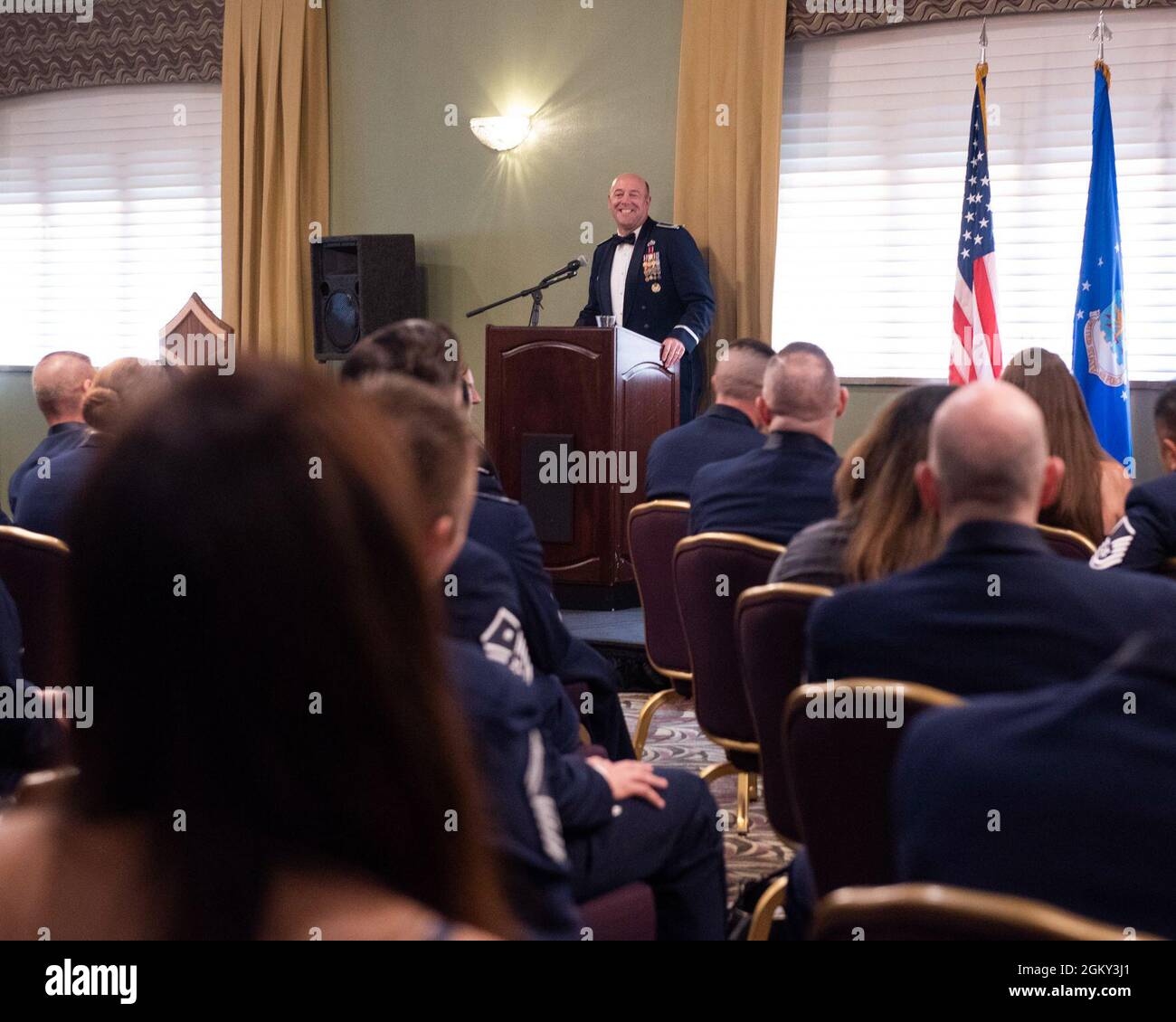 U.S. Air Force Col. Patrick Miller, 88th Air Base Wing and installation commander, provides remarks during the Senior Non-Commissioned Officer Induction Ceremony, July 23, 2021, at Wright-Patterson Air Force Base, Ohio. Stock Photo