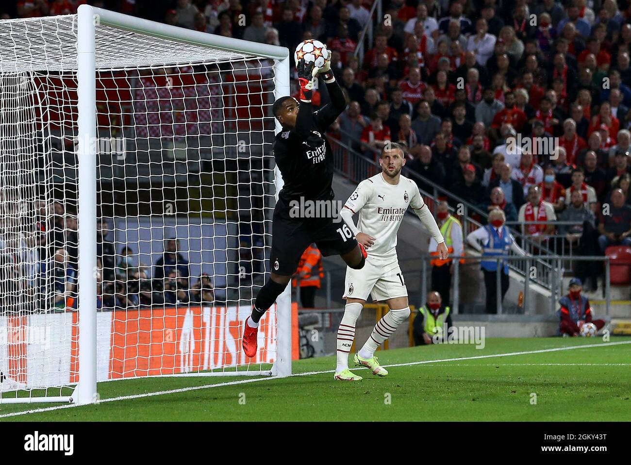 Liverpool, UK. 15th Sep, 2021. AC Milan Goalkeeper Mike Maignan makes a save. UEFA Champions league, group B match, Liverpool v Milan at Anfield Stadium in Liverpool on Wednesday 15th September 2021. this image may only be used for Editorial purposes. Editorial use only, license required for commercial use. No use in betting, games or a single club/league/player publications. pic by Chris Stading/Andrew Orchard sports photography/Alamy Live news Credit: Andrew Orchard sports photography/Alamy Live News Stock Photo