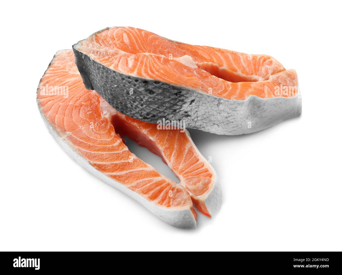 Fresh salmon steaks on white background Stock Photo - Alamy