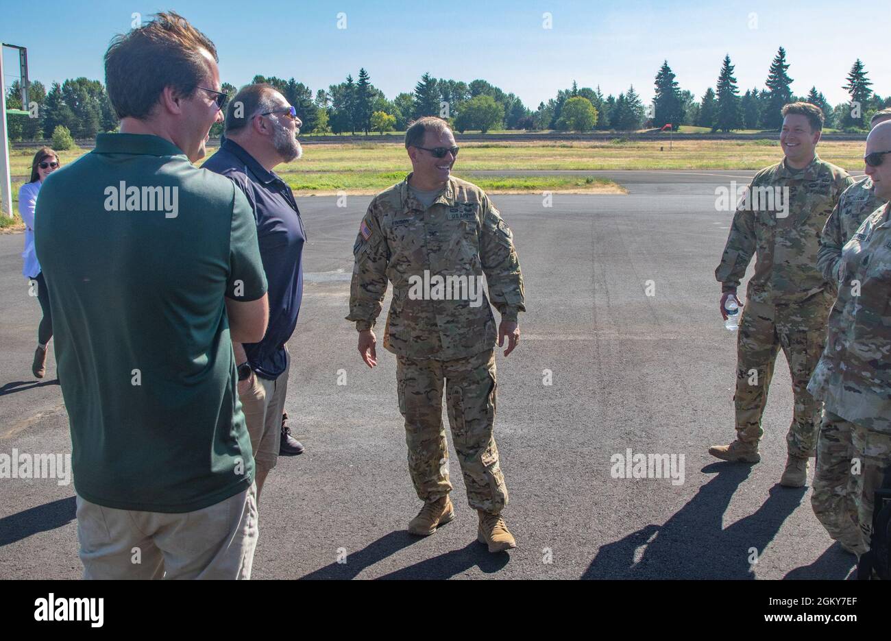 Col. D. Shane Finison, Commander, 16th Combat Aviation Brigade, thanks the staff of Cascade Air in Kelso, Wash., on Jul. 26, 2021.  The aviation services company received a certificate of appreciation for supporting the unit during a recent search and rescue mission. Stock Photo