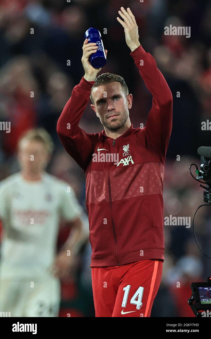 Jordan Henderson #14 of Liverpool applauds the fans after Liverpool beat AC Milan 3-2 Stock Photo