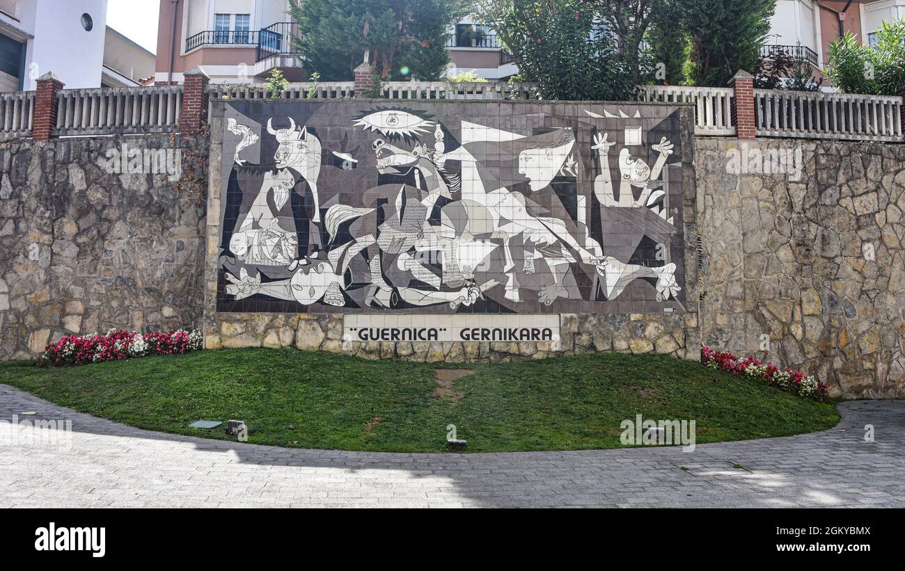 Guernica, Spain - 11 Sept 2021: Ceramic mural of Picasso's painting of Guernica Stock Photo