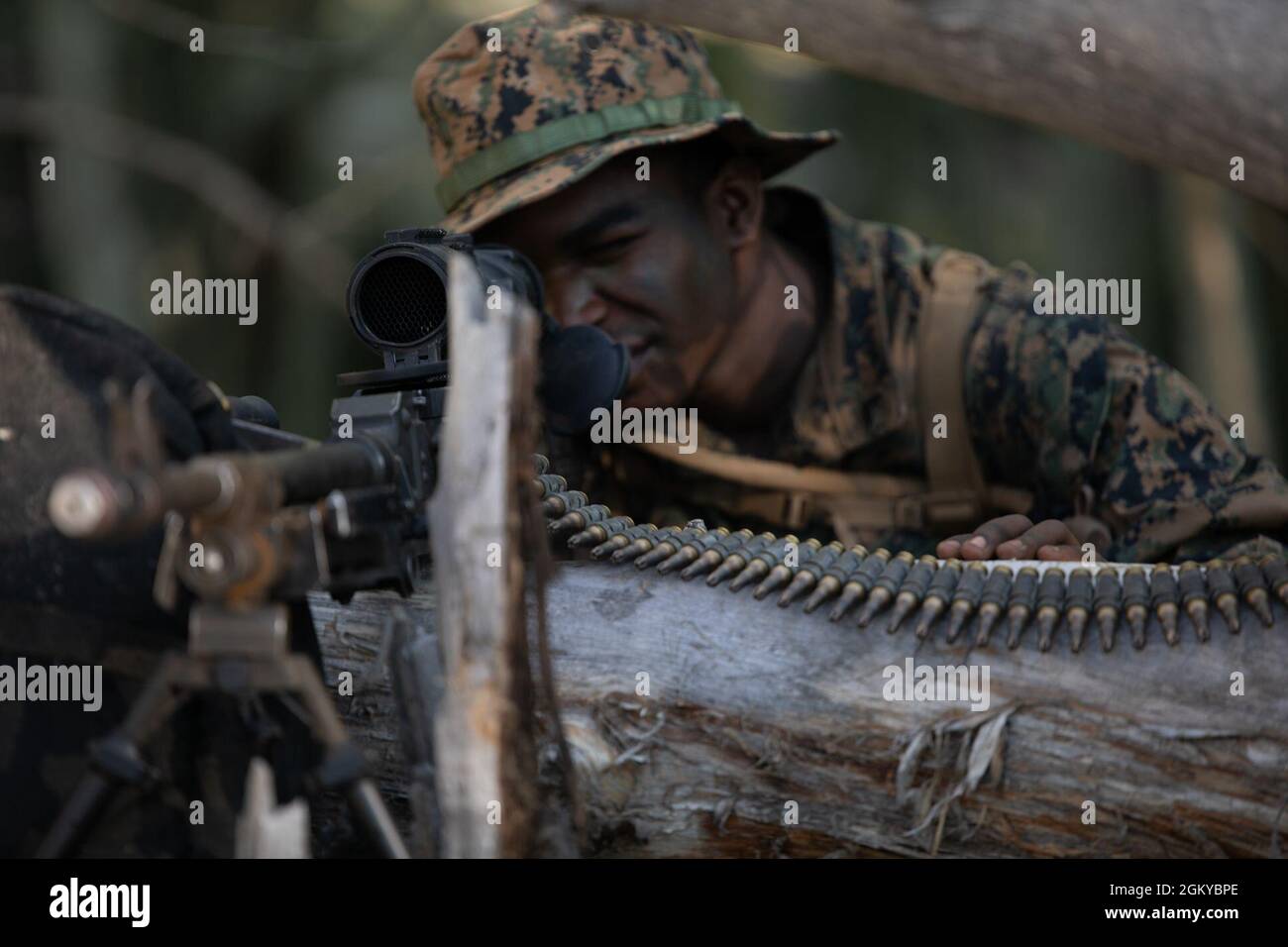 A U.S. Marine with 4th Combat Engineer Battalion, 4th Marine Division provides security during the final exercise in Marine Corps Mountain Warfare Training Center, Calif. on July 27, 2021. Training aboard MCMWTC better prepares the Marines with Marine Forces Reserve to go, fight and win any battles they may face in harsh, mountainous terrain. Stock Photo