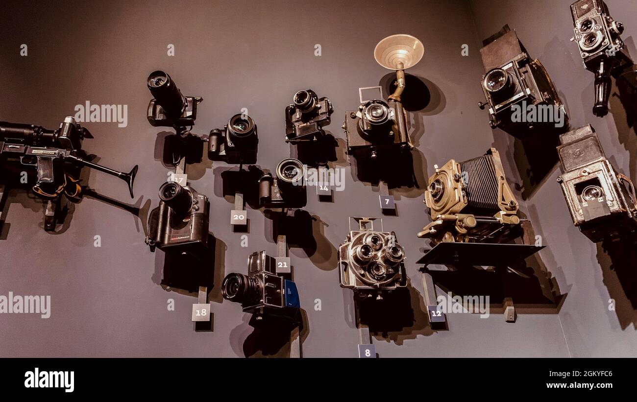 TURI, ITALY - Jul 14, 2021: The collection of vintage filming cameras displayed in the National Museum of Cinema in Turin, Italy Stock Photo