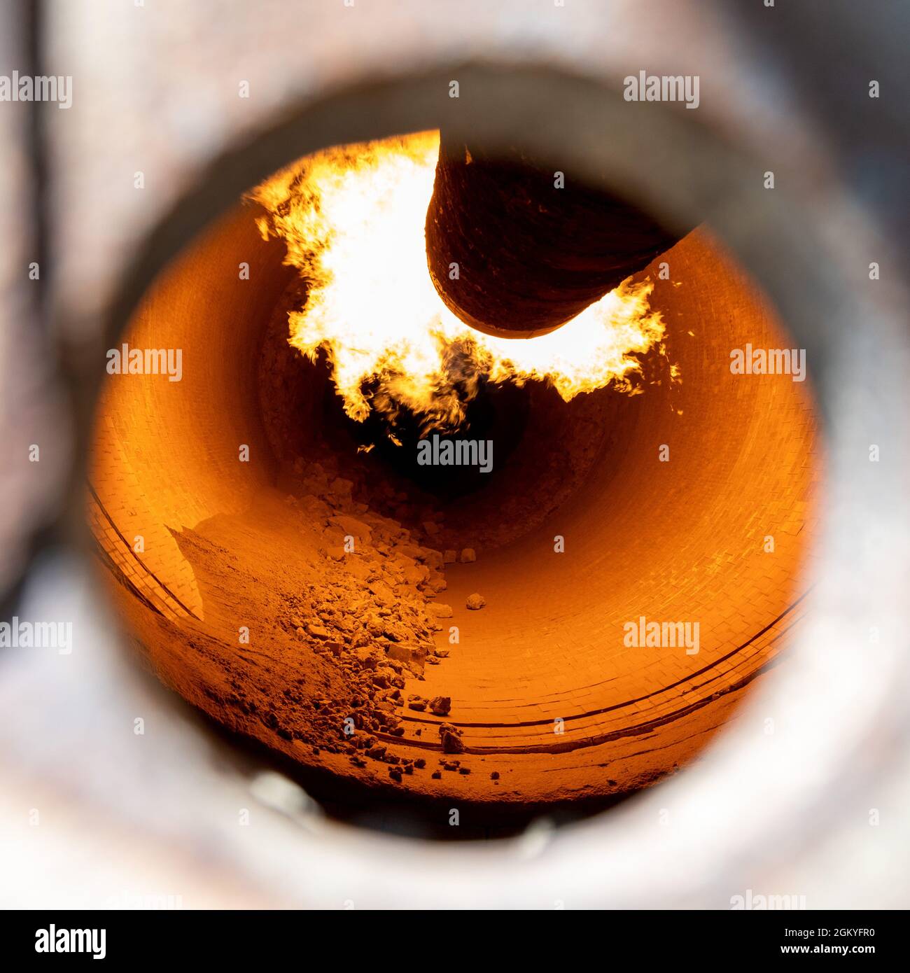 Closeup shot of a rotary kiln for clinker production in cement plant Stock Photo