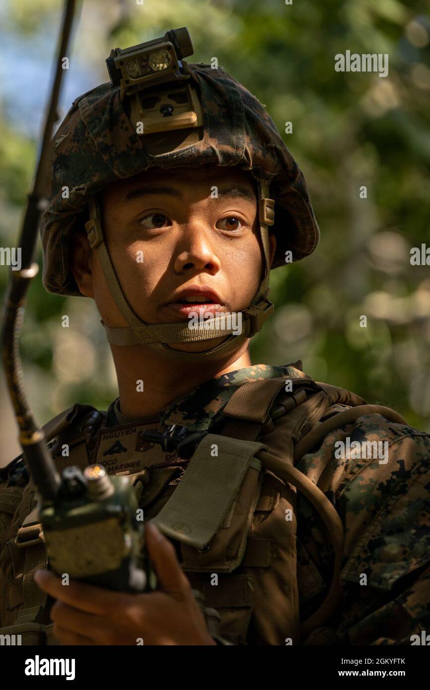 A U.S Marine with 2nd Battalion, 24th Marine Regiment, 4th Marine Division calls in a nine line in Marine Corps Mountain Warfare Training Center, Calif. On July 28, 2021. Marines with 2nd Battalion, 24th Marine Regiment and 4th Combat Engineer Battalion, 4th Marine Division are participating in a modified mountain training exercise at MCMWTC to prepare them for the challenges of operating in a harsh, mountainous environment many of their adversaries are acclimated to. Stock Photo