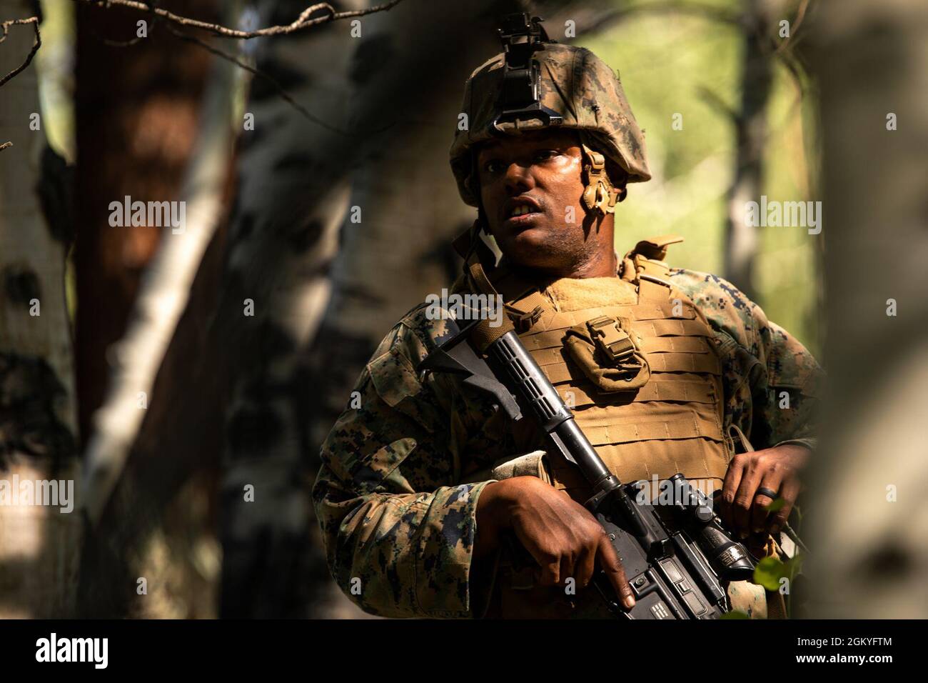 A U.S Marine with the 2nd Battalion, 24th Marine Regiment and 4th Combat Engineer Battalion, 4th Marine Division, provides security in the mountains of  Marine Corps Mountain Warfare Training Center, California on July 28, 2021. Marines with 2nd Battalion, 24th Marine Regiment and 4th Combat Engineer Battalion, 4th Marine Division are participating in a modified mountain training exercise at MCMWTC to prepare them for the challenges of operating in a harsh, mountainous environment many of their adversaries are acclimated to Stock Photo