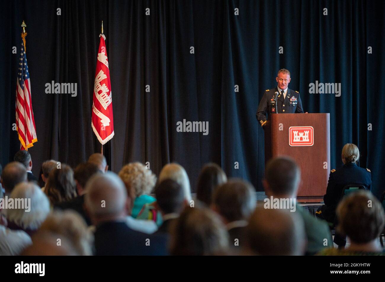 During a change of command ceremony at the Senator John Heinz History Center, in Pittsburgh, July 29, 2021. The change of command ceremony symbolizes the continuation of leadership and unit identity. It represents the transfer of responsibility and authority from one individual to another while continuing the mission. Stock Photo