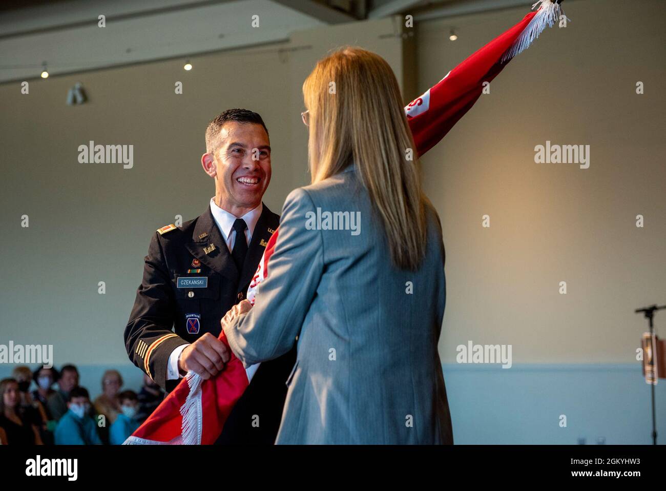 during a change of command ceremony at the Senator John Heinz History Center, in Pittsburgh, July 29, 2021. The change of command ceremony symbolizes the continuation of leadership and unit identity. It represents the transfer of responsibility and authority from one individual to another while continuing the mission. Stock Photo