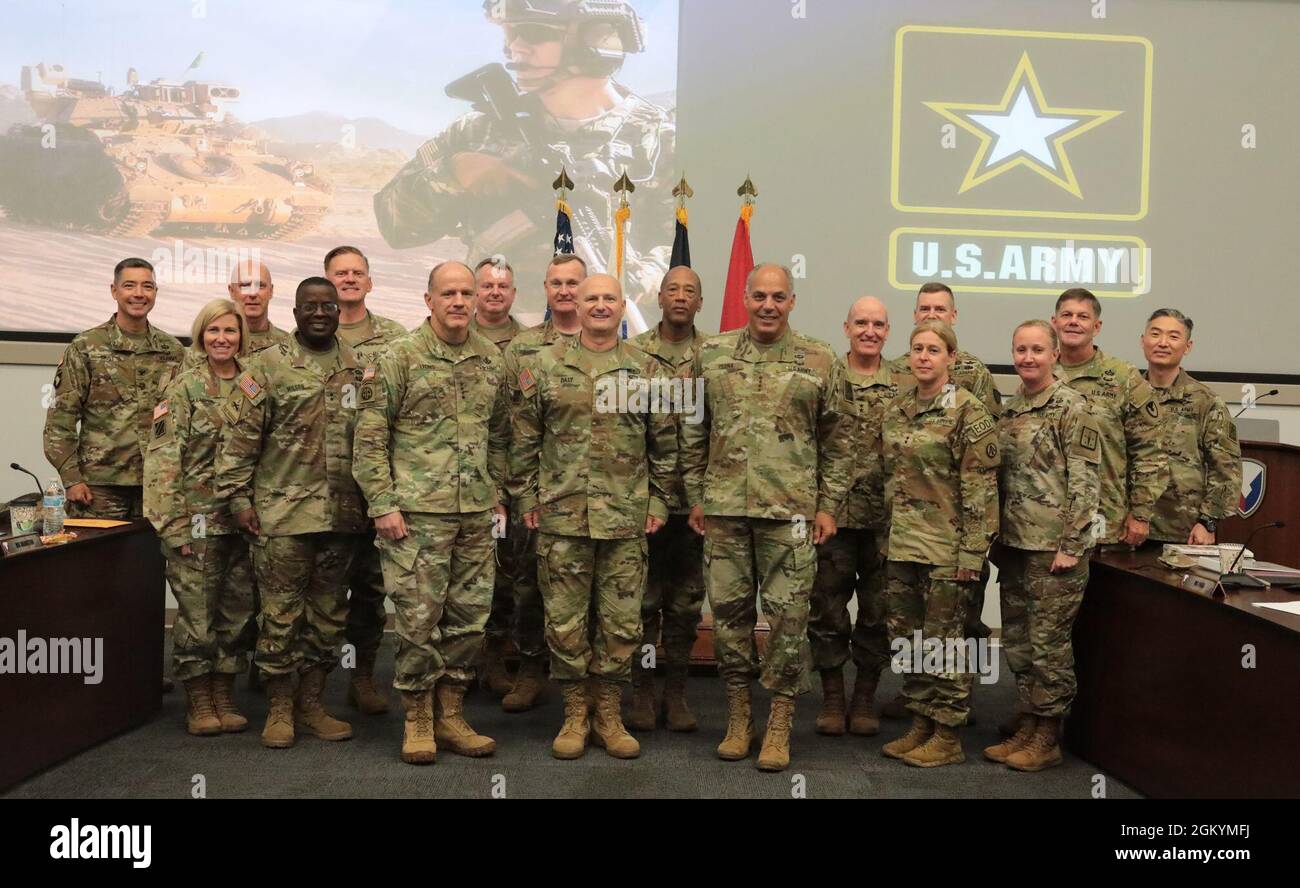 During the Army Sustainment Leader Summit at Army Materiel Command Headquarters, Redstone Arsenal, Ala., AMC commander Gen. Ed Daly, center, inducted two of the Army’s leading logistics and sustainment officers into the AMC Hall of Fame. With Daly are, inductee Gen. Stephen Lyons, left of Daly, and Gen. Gus Perna, right of Daly. With them are logistics and sustainment officers from across the AMC enterprise. Stock Photo